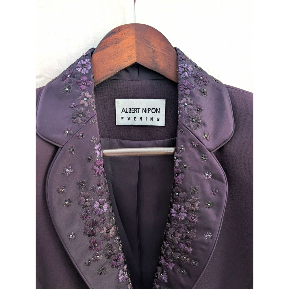 Albert Nipon Purple Floral Beaded Embroidered Button Blazer Jacket Lined Sz 4